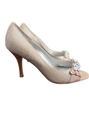 Beverly Feldman Womens Gold Peep Toe Heels With Rhinestone Embellishments